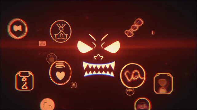 Futuristic digital art with a glowing demonic face and surrounding icons.