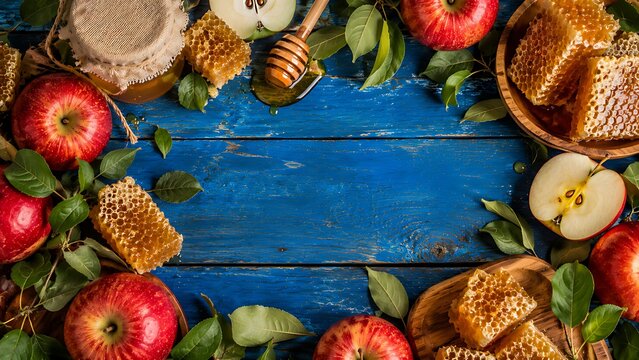 Happy Rosh Hashanah day background with red apples honey jar and fresh comb honey on blue wooden table