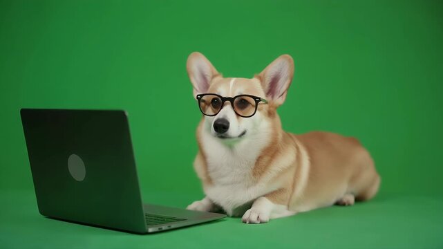 A corgi wearing glasses looks at a laptop on a green background.