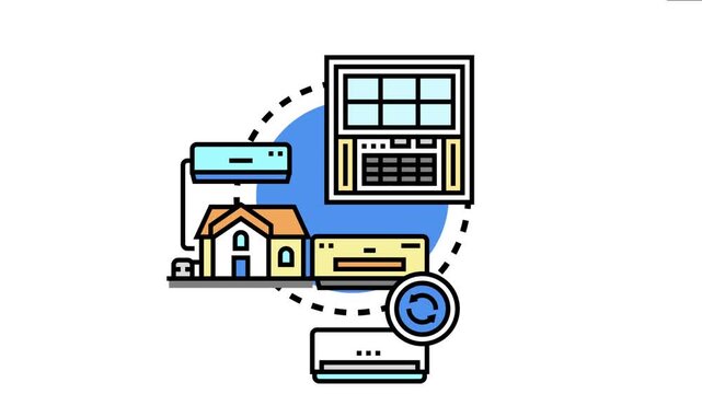 Air conditioning system concept various outdoor and indoor units providing a comfortable climate for residential and commercial spaces. Focusing on cooling. Temperature control