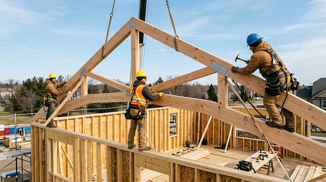 Construction workers building wooden house frame on site.