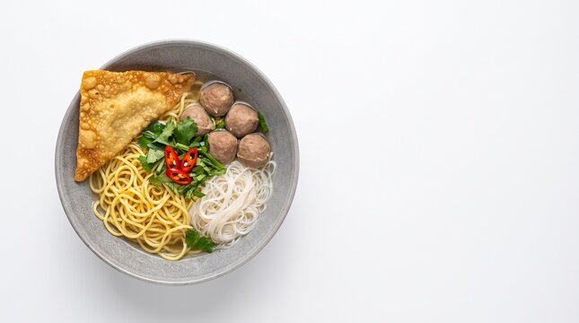 Asian meatball noodle soup with yellow egg noodles, rice vermicelli, crispy wonton and vegetables on white background.