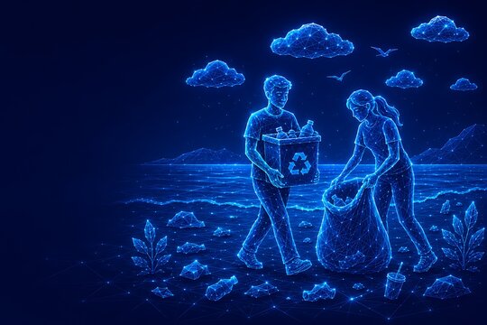 Futuristic glowing network illustration of volunteers collecting trash.world ozone day with recycling pollution environment volunteers cleaning sustainability.world ozone day