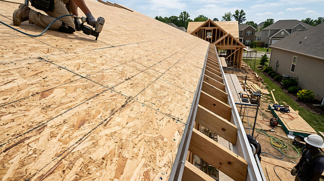 Construction workers installing wooden roof panels on new house.