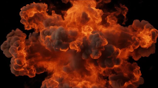 A dynamic explosion of vibrant orange flames against a stark black background.