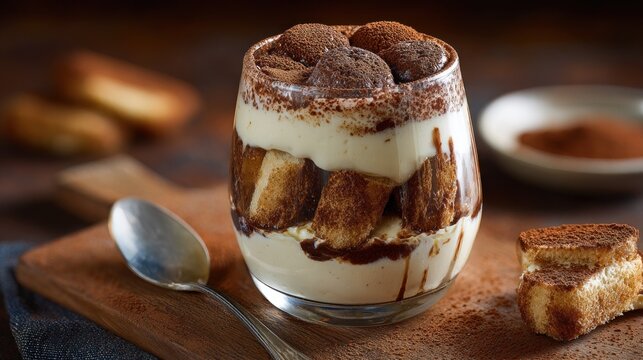 Delicious tiramisu dessert in glass with ladyfingers and cocoa powder