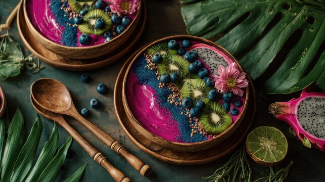 Colorful smoothie bowls with fresh fruits and wooden spoons on table