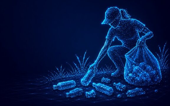Digital art of person picking up plastic litter for recycling.world ozone day with recycling pollution environment cleaning volunteer sustainability protection.world ozone day