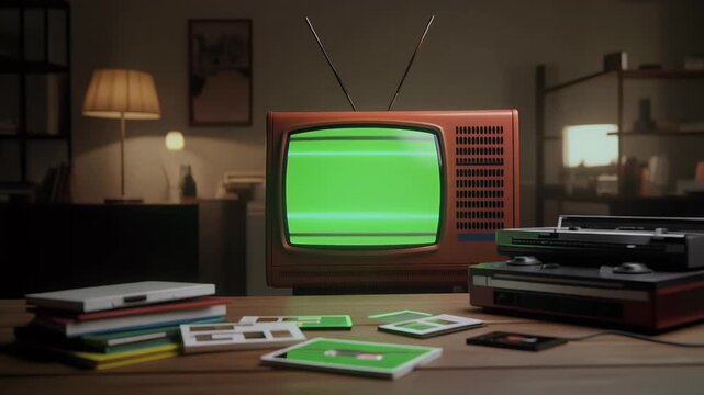 A retro scene featuring a vintage television with a green screen, surrounded by various media devices and items on a wooden table.