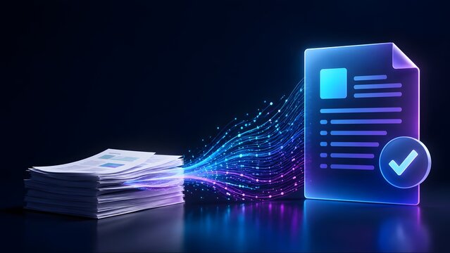 Digital transformation and document digitization converting physical papers into a glowing electronic file