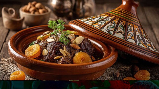 Traditional moroccan tagine dish with apricots and almonds on wooden table