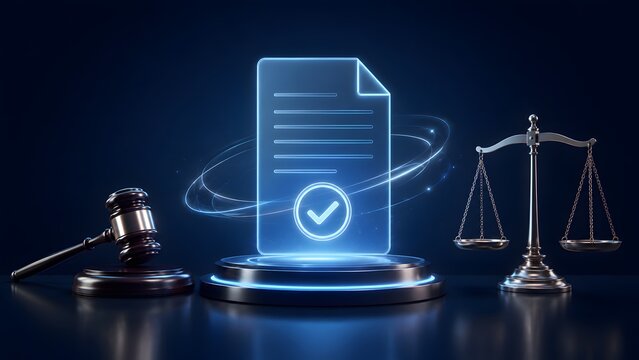 Digital smart contract validation and legal technology compliance glowing electronic document gavel and justice scales