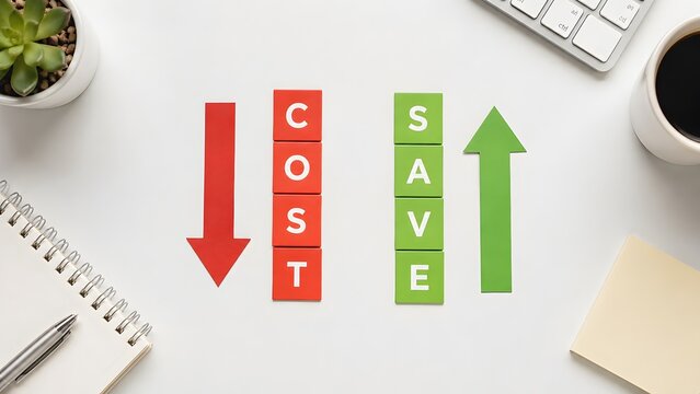 Cost reduction and financial savings business budget strategy red and green blocks arrows office desk flat lay