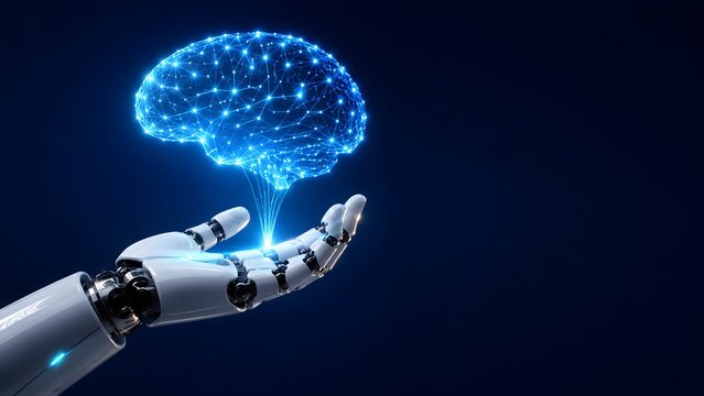 Artificial intelligence and machine learning neural network glowing blue digital brain futuristic robotic hand