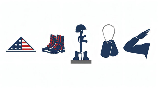 Patriotic military icons displaying folded flag, combat boots, and salute