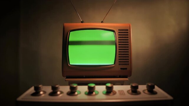 A vintage television set with a green screen is displayed on a stand with controls.