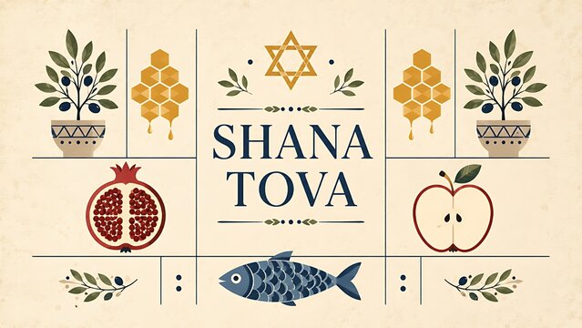 Traditional grid illustration for Happy Rosh Hashanah day with Shana Tova text fish apple and honeycomb symbols