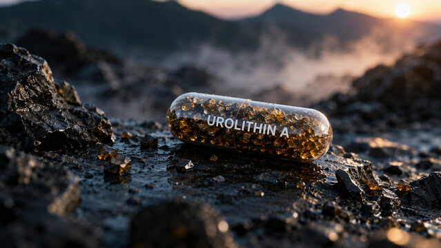 A clear capsule labeled Urolithin A rests on a rocky ground as the sun sets behind distant mountains. The scene captures the glow of sunset and the texture of the rocks