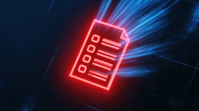 Glowing red digital document icon emitting light rays on a dark futuristic grid