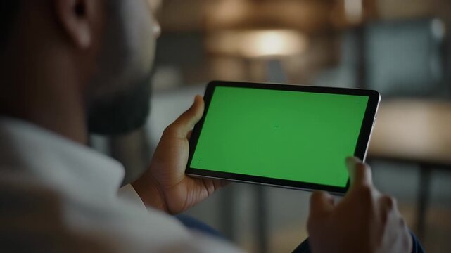 A person uses a tablet with a green screen, indicated by their finger pressing the screen.