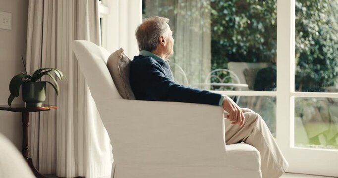 Thinking, relax and old man at window with inspiration, daydreaming and nostalgia in calm mindset. Retirement, reflection and senior person with memory, flashback and peaceful perspective in home.