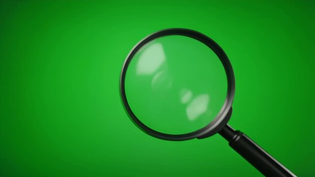 A magnifying glass with a black handle is shown against a solid green background.
