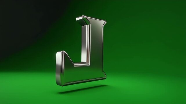 A metallic letter L floats on a green background.