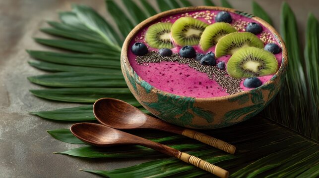 Vibrant smoothie bowl with kiwi berries and wooden spoons on palm leaf