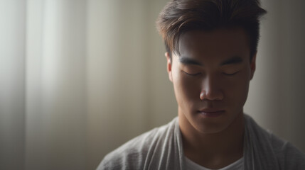 Fototapeta premium A serene person in a meditation pose with soft light and a clean, blurred background.