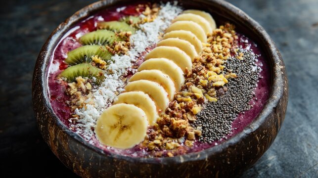 Colorful smoothie bowl with banana kiwi chia seeds coconut and granola topping