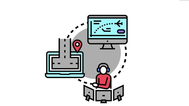 Air traffic controller managing aircraft movement and navigation with multiple screens, using a digital map to track flight paths and ensure safe travel