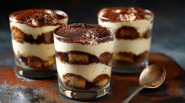 Delicious layered tiramisu desserts in clear glasses with cocoa powder