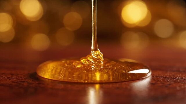 Golden honey pouring onto a wooden surface with a warm blurred background.