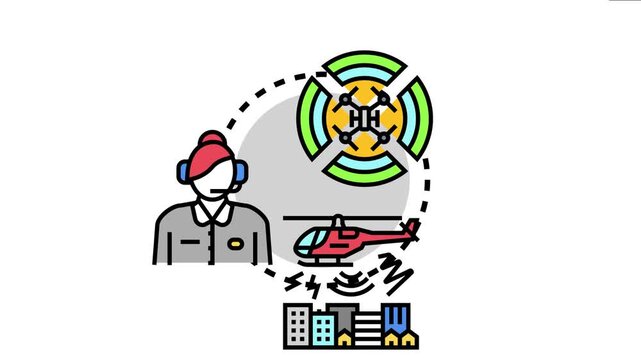 Air traffic controller is monitoring urban airspace, advising helicopter and drone flight paths with advanced control system technology for safe and regulated aerial mobility