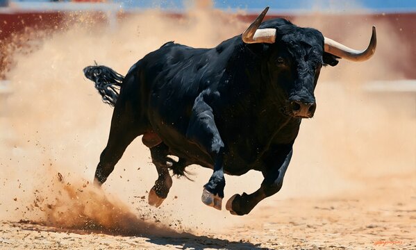 Black Bull Charging in a Bullring Kicking Up Dust