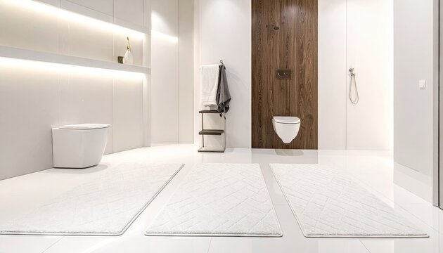 White textured bath mats in modern bright bathroom.