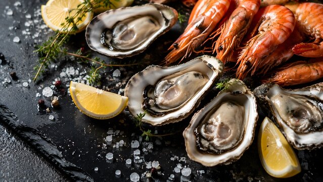 Fresh oysters and prawns on dark stone platter. Gourmet seafood platter with lemon and sea salt. Luxury raw shellfish appetizer for restaurant menu.