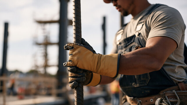 Steel erection rigger grips a pile driver cable in gloved close up hands under a dramatic overcast sky, the tension of deep foundation work visible in every knuckle as scaffolding