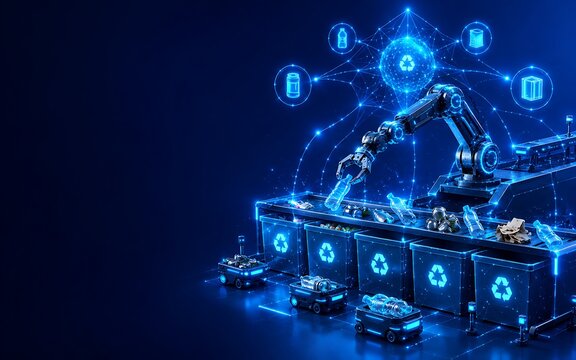 Automated robotic recycling plant with glowing digital interface icons.world ozone day recycling robotics automation industry technology manufacturing sustainable.world ozone day