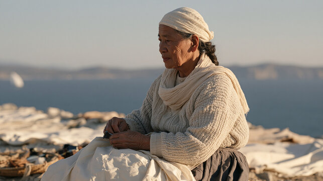 Elderly sailmaker seated alone on a wind-scoured coastal bluff, overcast horizon stretching behind rows of weathered canvas laid flat, her weathered hands and distant gaze
