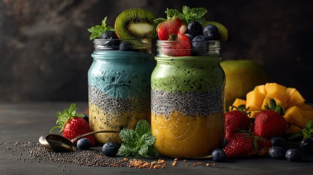 Colorful layered smoothies in glass jars with fresh fruit toppings on table