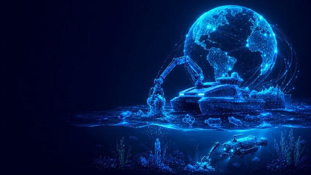 Abstract global water restoration concept with glowing particles and planet earth.world ozone day restoration conservation particles environment sustainability.world ozone day
