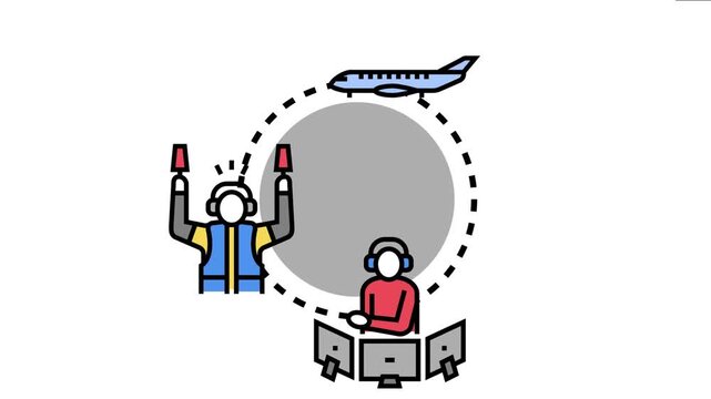 Air traffic controller directing an airplane on the ground while a meteorologist monitors weather data for flight planning and safety