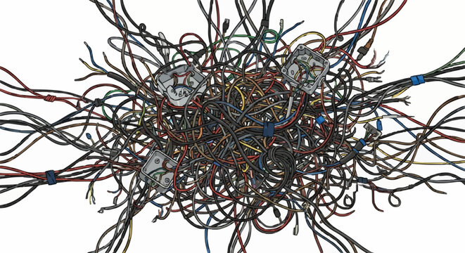 Chaotic Tangle of Colored Electrical Wires and Junction Boxes Illustration