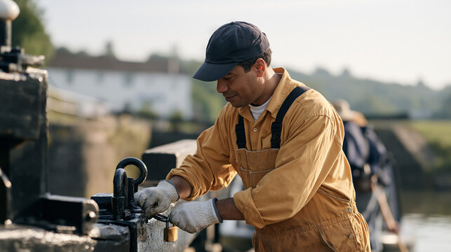 Lockkeeper on a narrow canal boat adjusting iron sluice gates at a historic lock, a multicultural group of volunteers painting the timber balance beams beside him, the