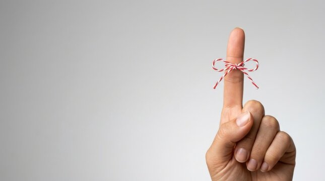 Close-up of finger tied with red string as memory reminder or task prompt
