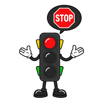Cute cartoon traffic light character with stop sign speech bubble vector illustration, Funny traffic light mascot showing red light and stop sign vector design