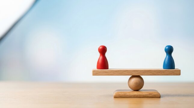 Balanced game pawns on wooden fulcrum symbolizing decision-making and risk management in business strategy