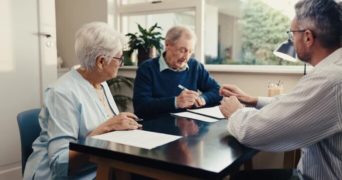 Advisor, old couple and writing at house with document, application and signature for last will. Consultant, meeting and senior people in home with paperwork, contract consent and inheritance annuity