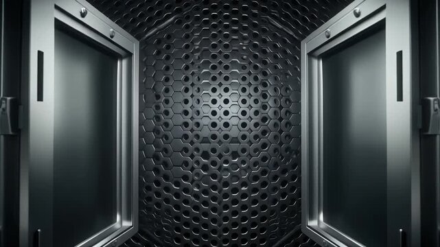 A close-up of a metallic, futuristic doorway with intricate detailing and a central honeycomb grate.